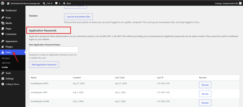 The WordPress Users profile screen with the Application Passwords section highlighted