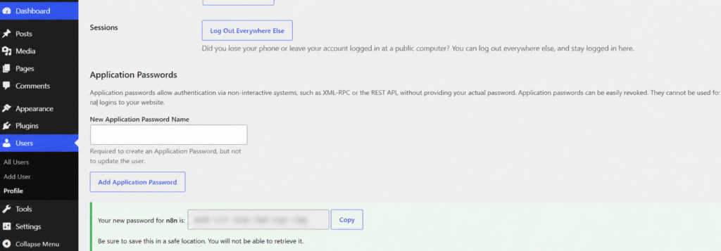 WordPress showing a newly generated application password with a Copy button