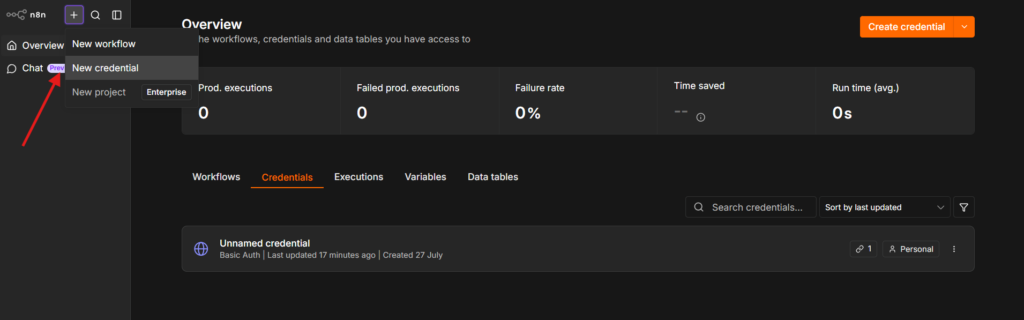 Creating a new credential from the n8n Overview screen
