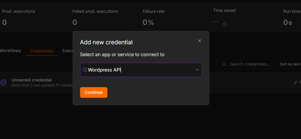Selecting WordPress API from the n8n credential type search