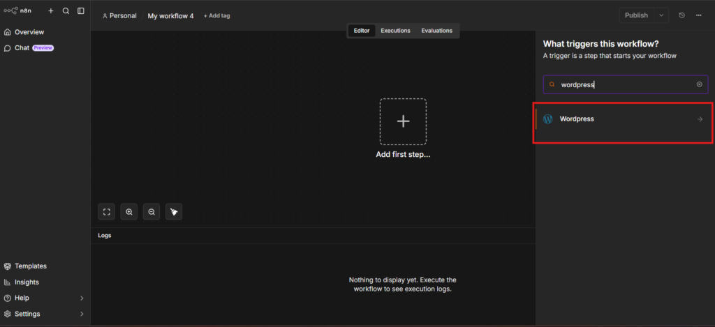 Searching for WordPress in the n8n trigger panel with the WordPress trigger highlighted