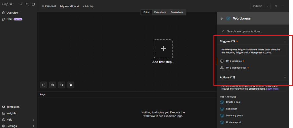 The n8n WordPress node listing Schedule and Webhook triggers and WordPress post actions