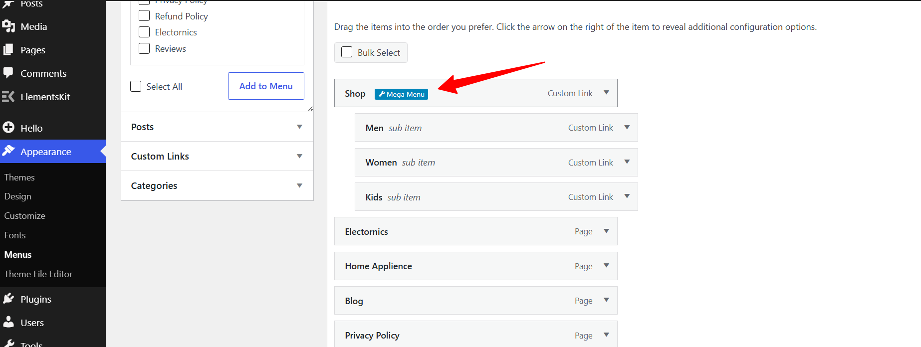 WordPress menu structure showing the blue Mega Menu badge on the Shop top level menu item, with Men, Women and Kids nested underneath as sub items