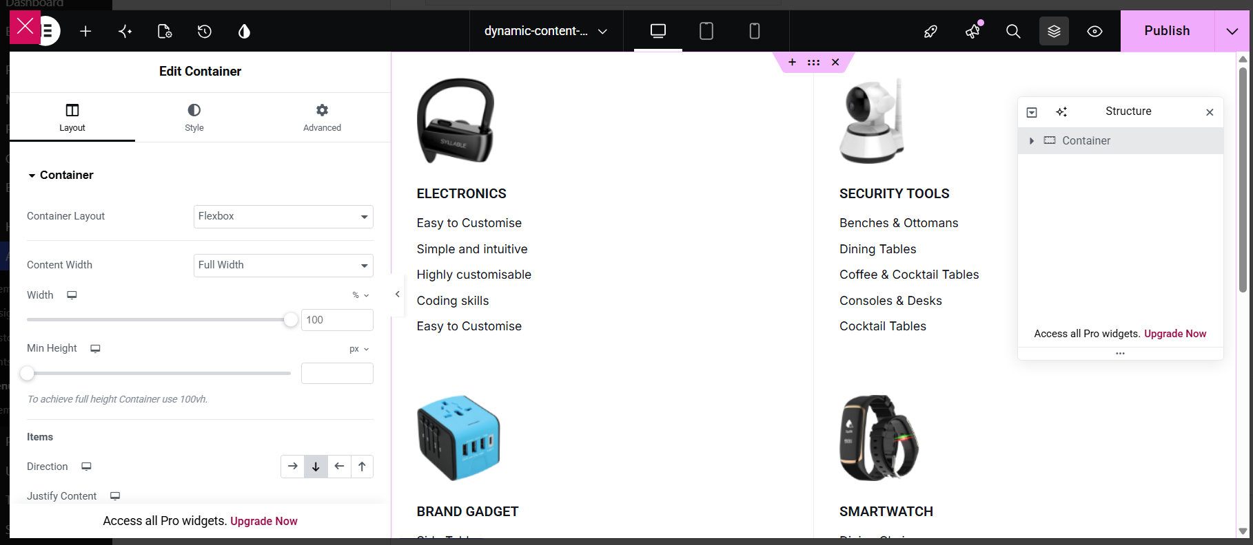 An inserted ElementsKit mega menu template loaded into the Elementor canvas, showing product category columns with the Edit Container layout panel set to Full Width on the left