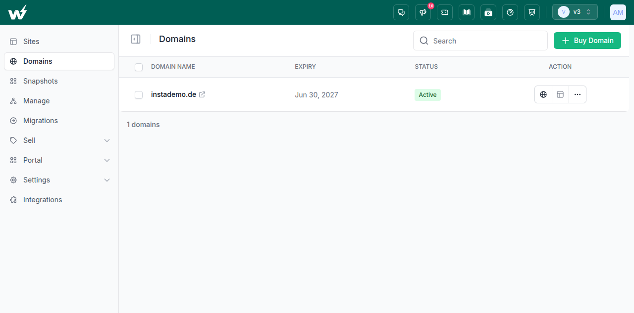 InstaWP Domains list showing each domain with its registration status and expiry date, where a transfer in progress status appears until the transfer completes