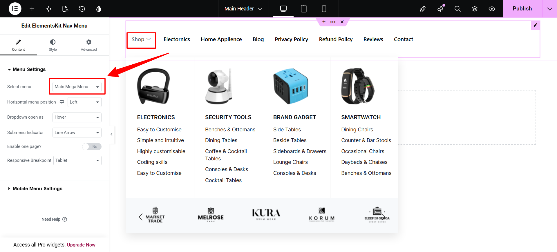 ElementsKit Nav Menu widget settings with Main Mega Menu chosen in the Select menu dropdown, and the finished four column product mega menu previewed under the header