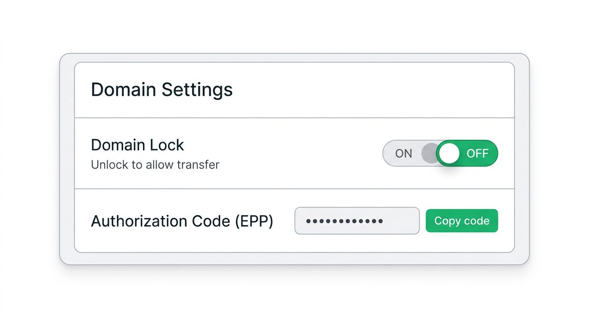 Illustration of a registrar domain settings panel with the domain lock toggle switched off and the authorization EPP code field with a copy code button, the two things needed before you transfer a domain name