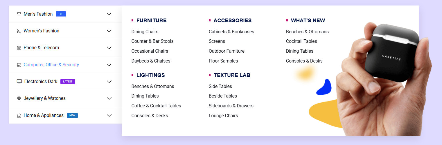 Vertical mega menu in WordPress with top level categories stacked in a sidebar column and furniture, accessories and lighting subcategories expanding to the right