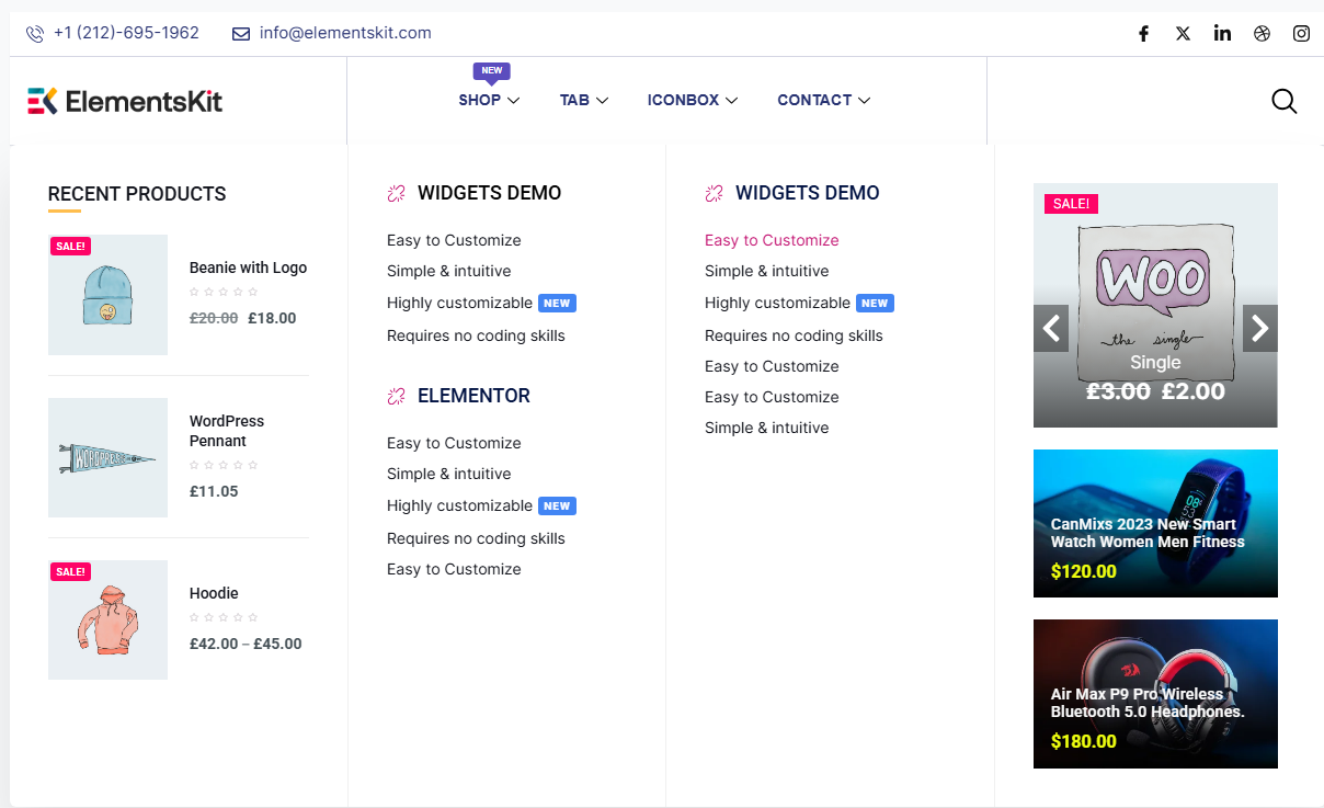 Horizontal WordPress mega menu built with ElementsKit, showing a recent products column, two columns of widget demo links and featured product images inside one wide dropdown panel