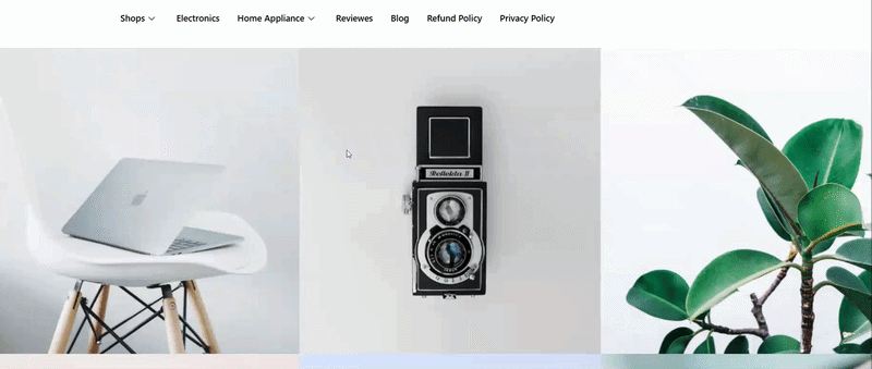 Animated preview of the finished WordPress mega menu opening on hover to reveal a wide multi column panel of product categories and images