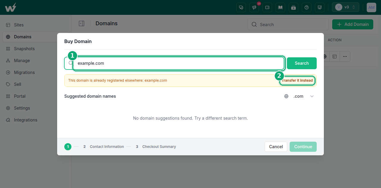 InstaWP Domains screen offering Transfer it instead for a domain registered elsewhere