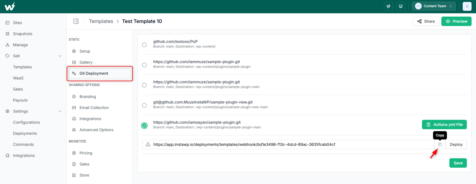 Git Deployment panel inside an InstaWP template dashboard, with the repository selected and the copy icon for the template webhook URL