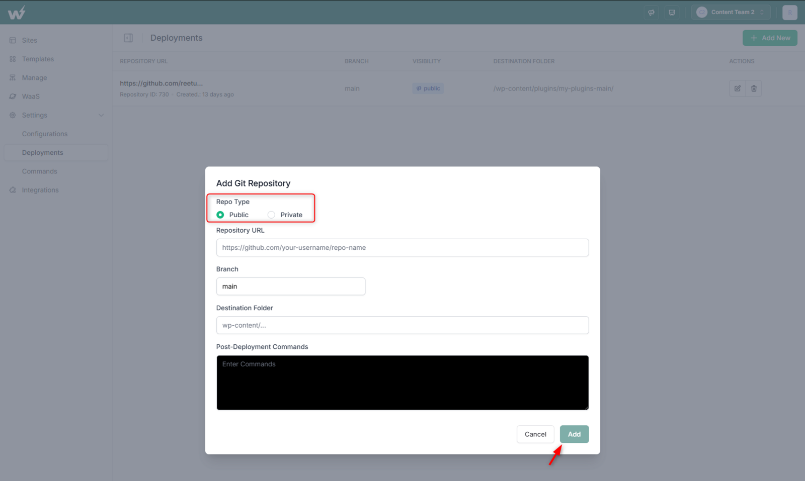 InstaWP Add Deployment modal with Repo Type set to Public, showing the Repo URL, Branch, Destination Folder and Post Deployment Commands fields