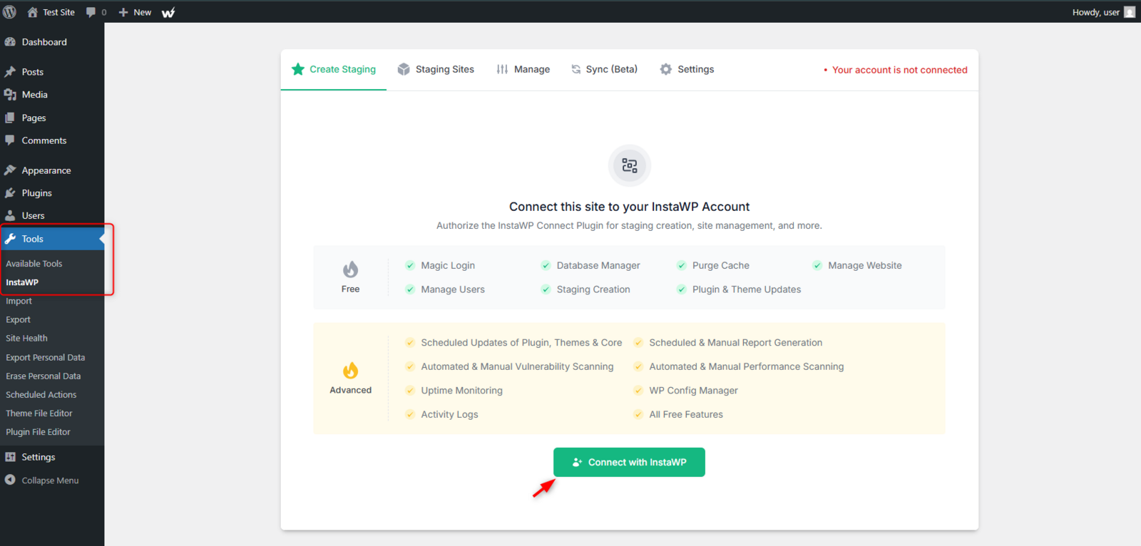 Connect with InstaWP button under the WordPress Tools menu