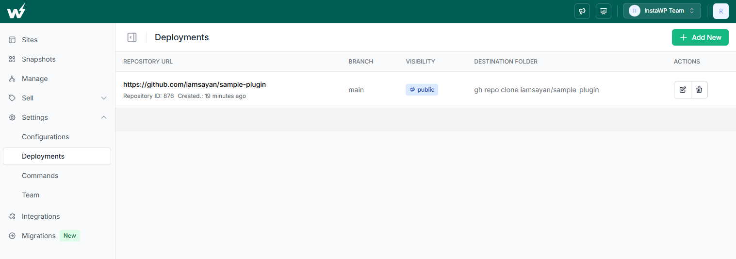 The InstaWP Deployments screen listing connected Git repositories with their branch and destination folder