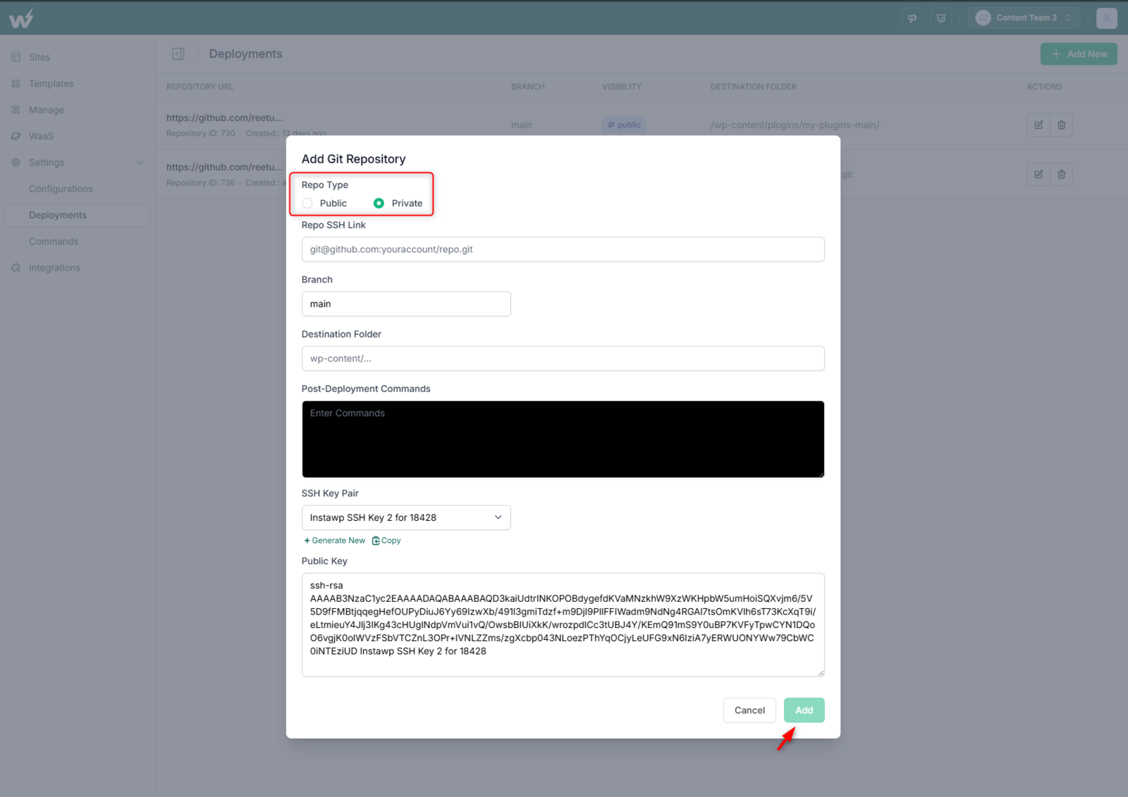 InstaWP Add Deployment modal with Repo Type set to Private, showing the SSH repo URL field and the SSH Key Pair selector