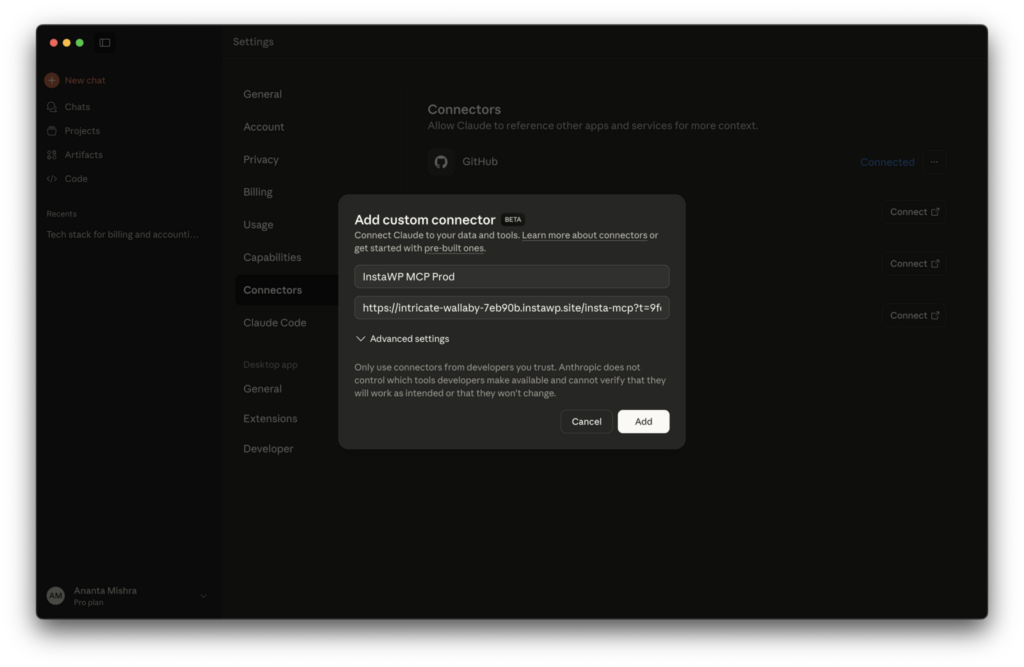 Pasting the InstaMCP connection URL into the Add custom connector dialog in Claude Desktop