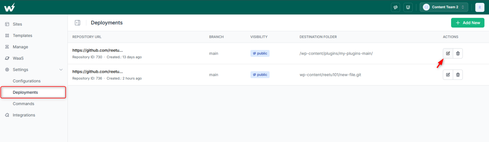InstaWP Deployments list with the Edit icon on an existing deployment