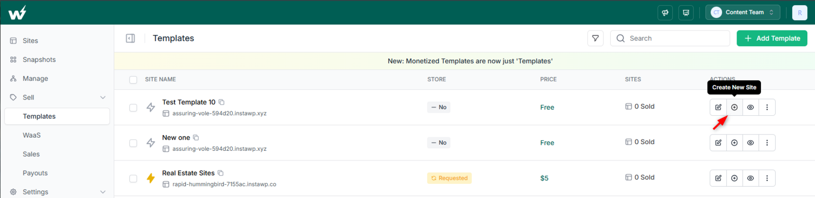 InstaWP Templates page with the Create New Site icon on a template that has a Git deployment connected