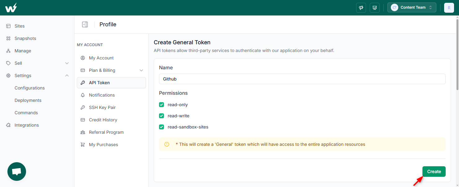 InstaWP Profile, Account, API Token screen with a token name and permissions set before clicking Create