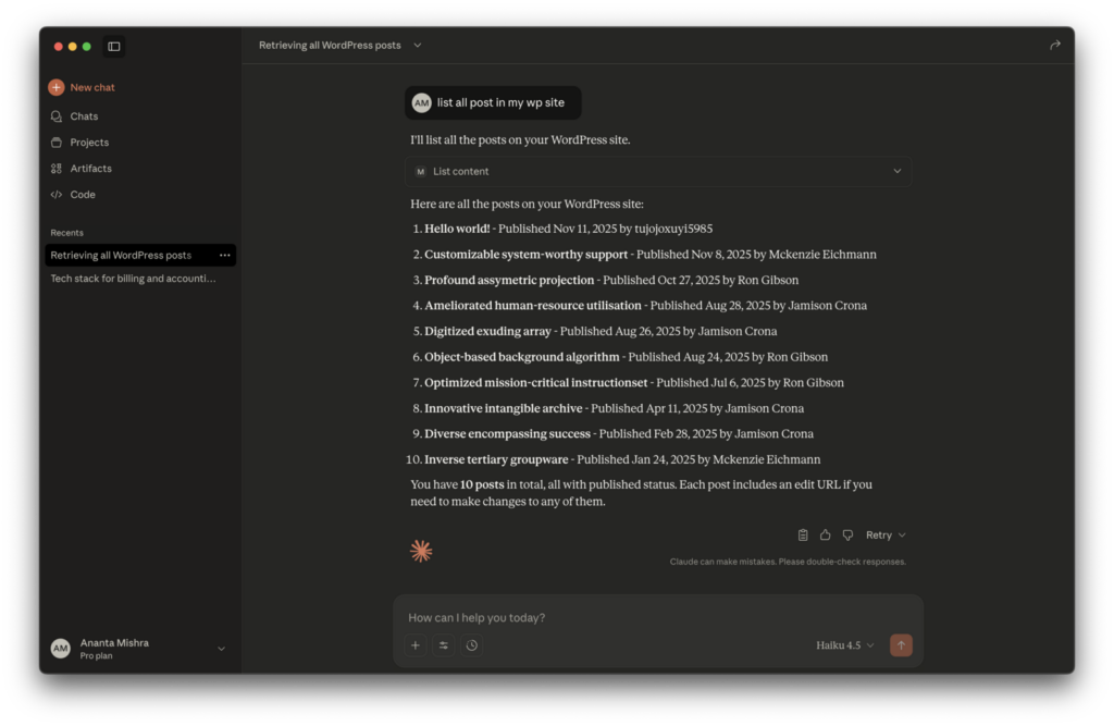 An AI assistant listing the InstaMCP tools available on the connected WordPress site