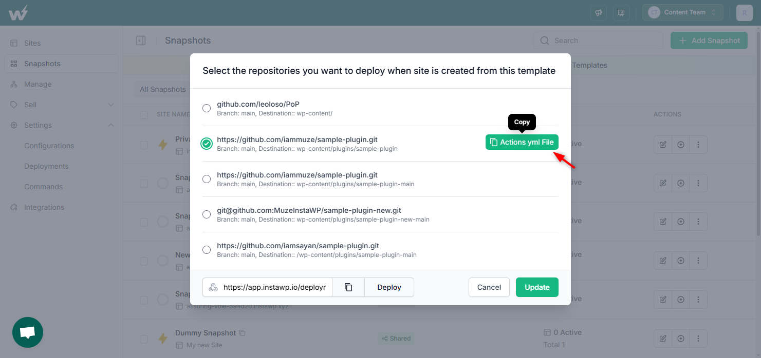 InstaWP snapshot dialog with the Git repository selected and the generated GitHub Actions YAML workflow ready to copy