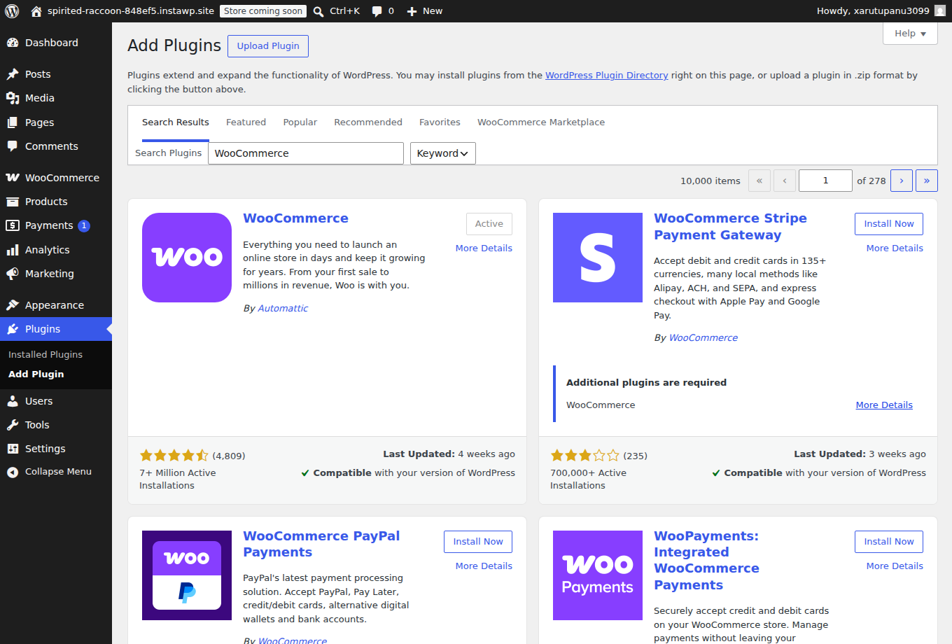 Installing the WooCommerce plugin from the WordPress plugin directory