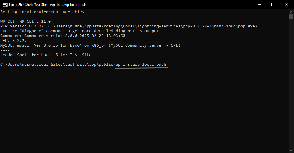 Terminal running the InstaWP push command and uploading the local WordPress site files to InstaWP