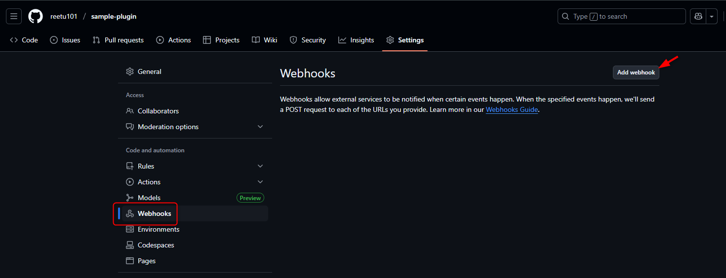 GitHub repository Settings, Webhooks page with the Add webhook button