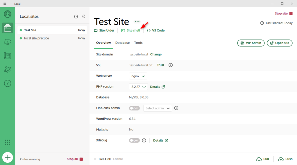 LocalWP application with the Site Shell option selected for a running local WordPress site