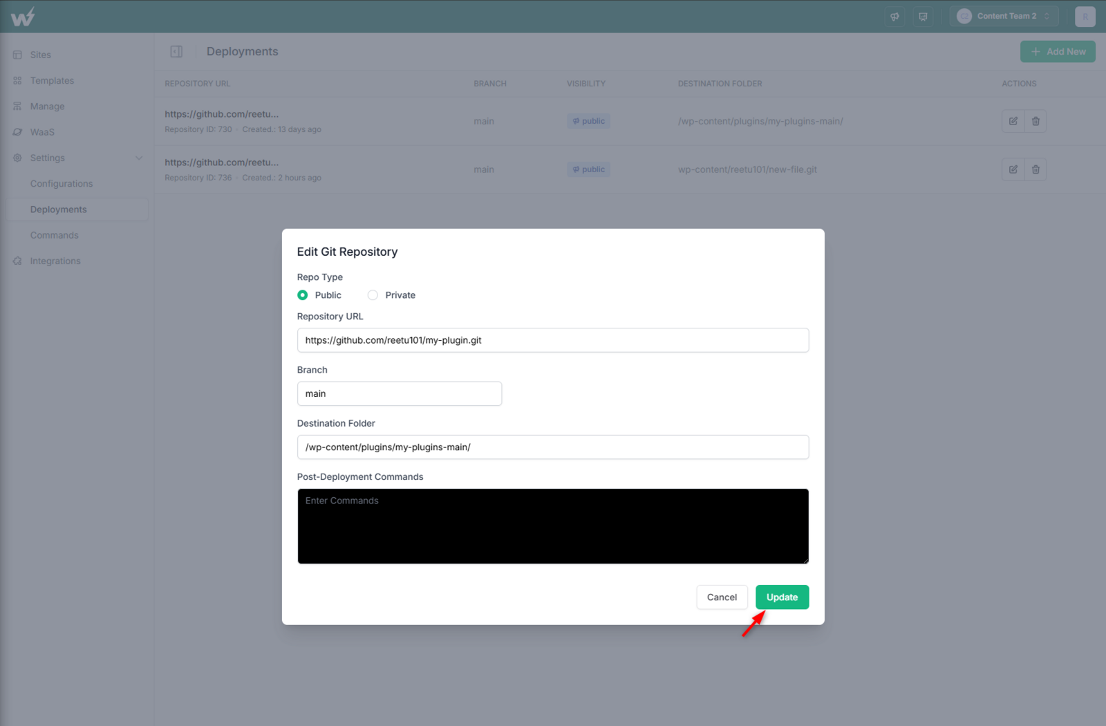 InstaWP edit deployment screen showing editable Repository URL, Branch, Destination Folder and Post Deployment Command fields