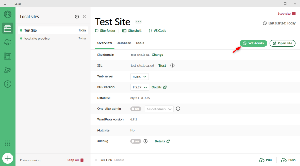 LocalWP app showing the WP Admin button for the selected local WordPress site