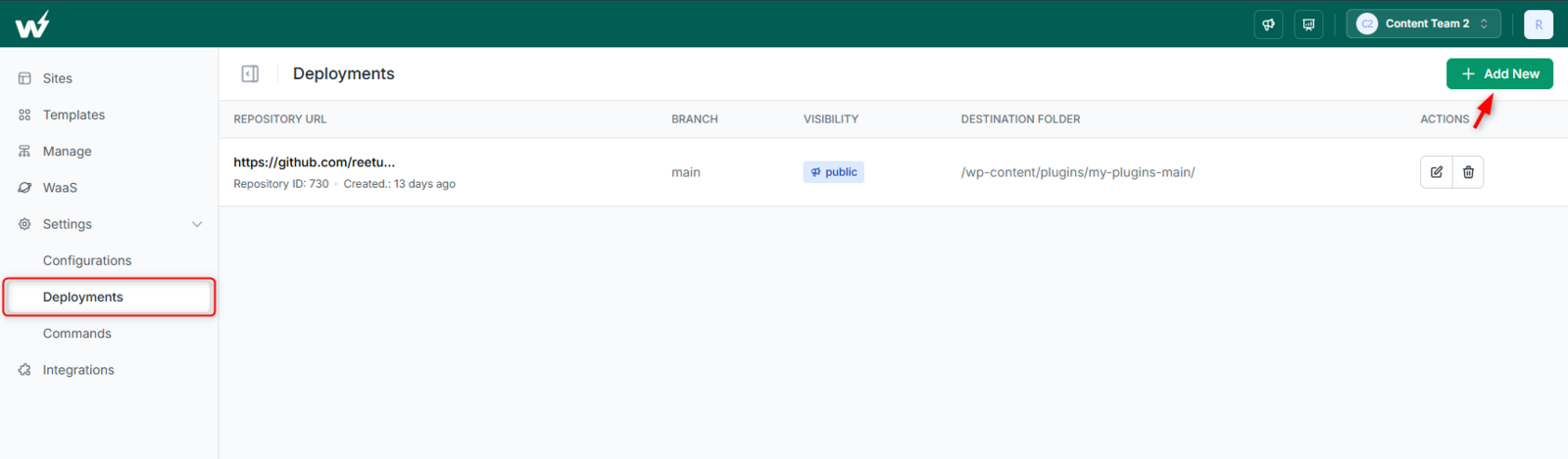 InstaWP Settings, Deployments page with the Add New button highlighted in the top right corner