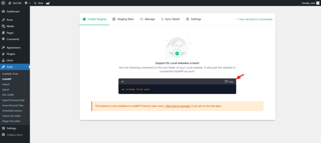 InstaWP Connect plugin dashboard showing the generated local push command with a copy button