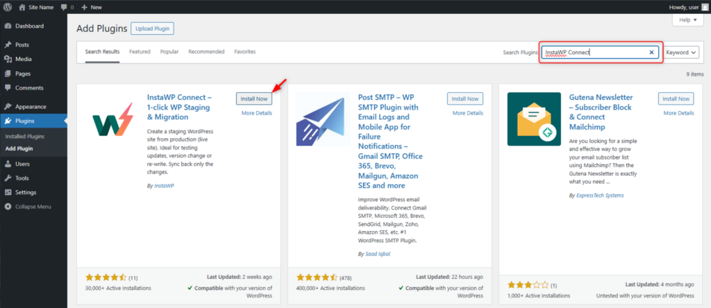Installing the InstaWP Connect plugin from the WordPress plugin directory on a local WordPress site