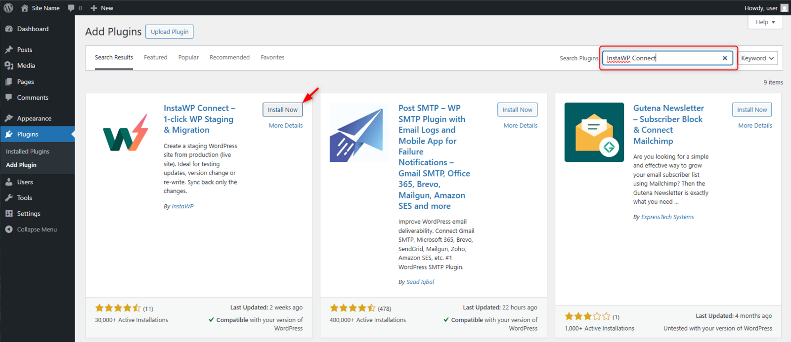 Installing the InstaWP Connect plugin from the WordPress plugin directory