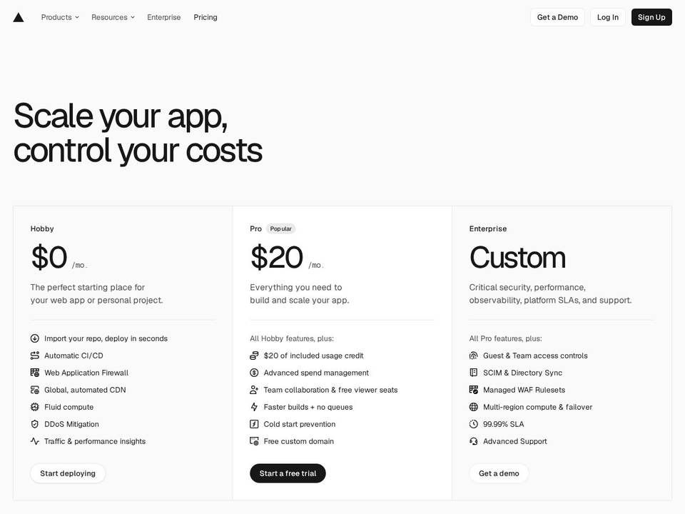 Vercel pricing page showing the free Hobby plan, the Pro plan at $20 a month with included usage credit, and a custom Enterprise tier