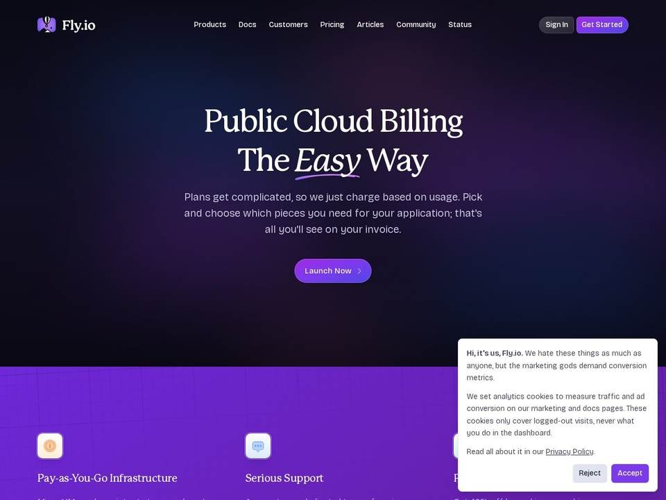 Fly.io pricing page headlined Public Cloud Billing The Easy Way, explaining usage-based charging with no fixed plans
