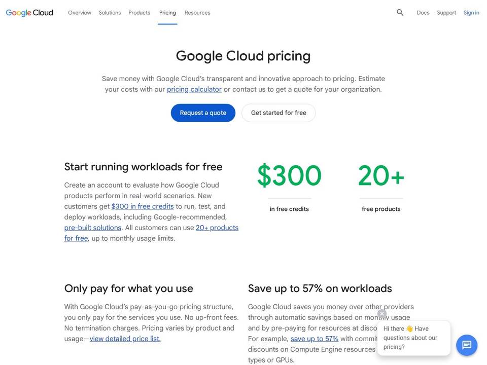 Google Cloud pricing page showing $300 in free credits and 20+ free products for new customers evaluating cloud hosting