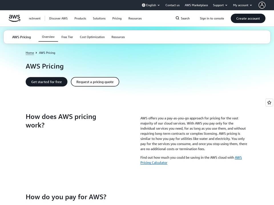 AWS Pricing page explaining the pay-as-you-go model with no long-term contracts, the entry point for startups on Amazon Web Services