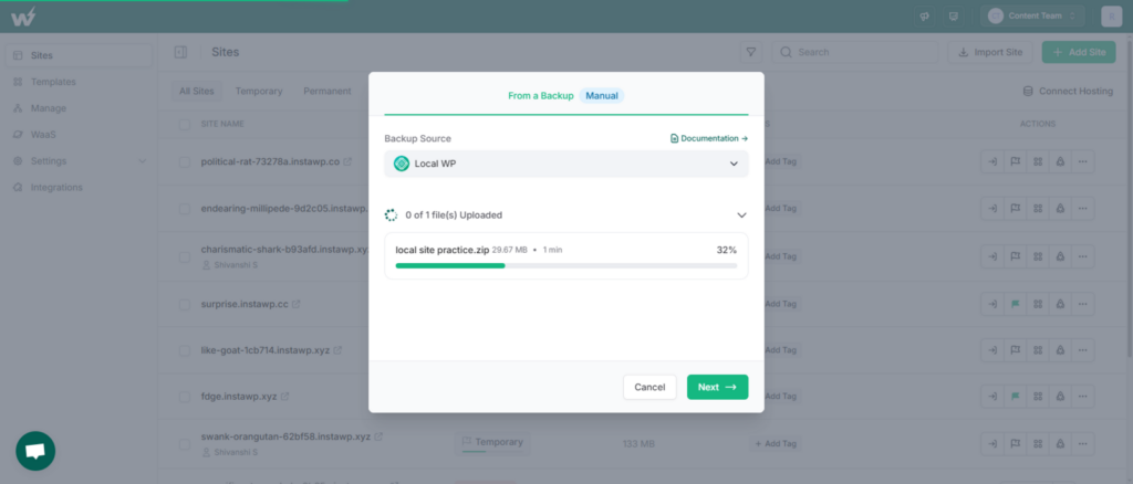 Uploading the exported LocalWP ZIP archive inside the InstaWP import modal