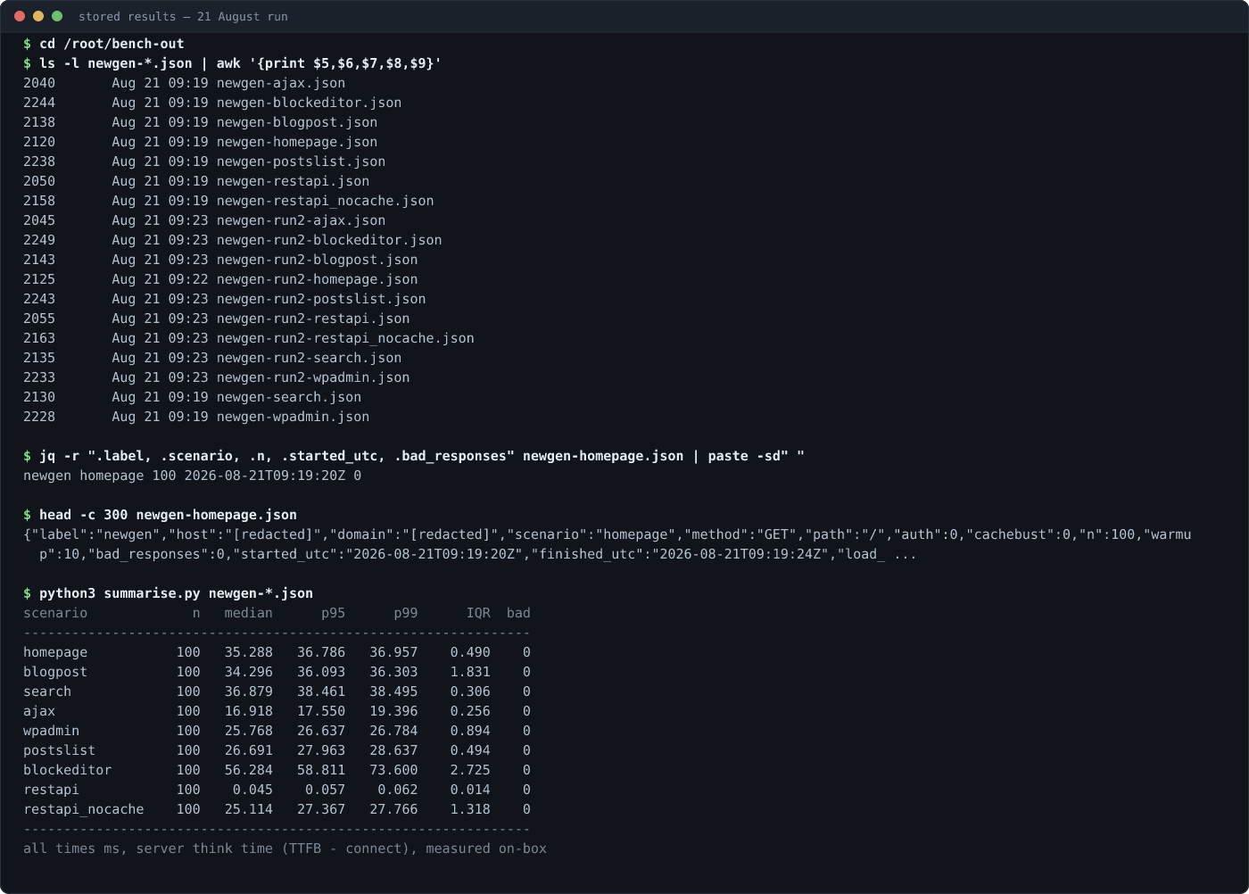 Terminal output showing the stored 21 August benchmark JSON files on the server, a record read with jq, a raw sample slice, and the median, p95, p99 and IQR recomputed from the stored 100-sample arrays.