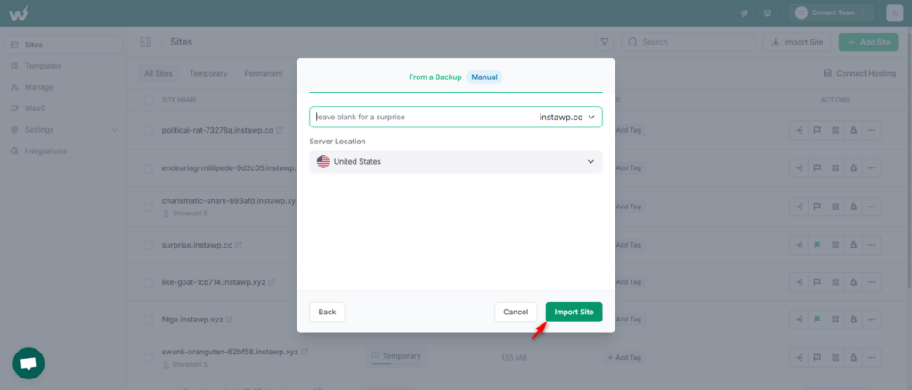 Entering the site name and choosing a server location before importing the LocalWP site into InstaWP