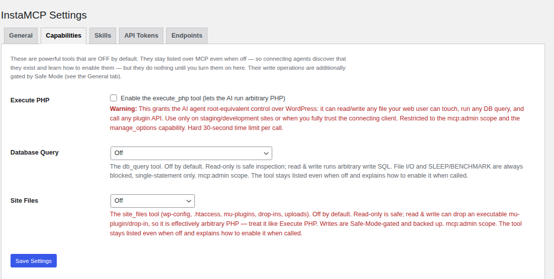 InstaMCP capability tools execute_php, db_query and site_files shown switched off by default