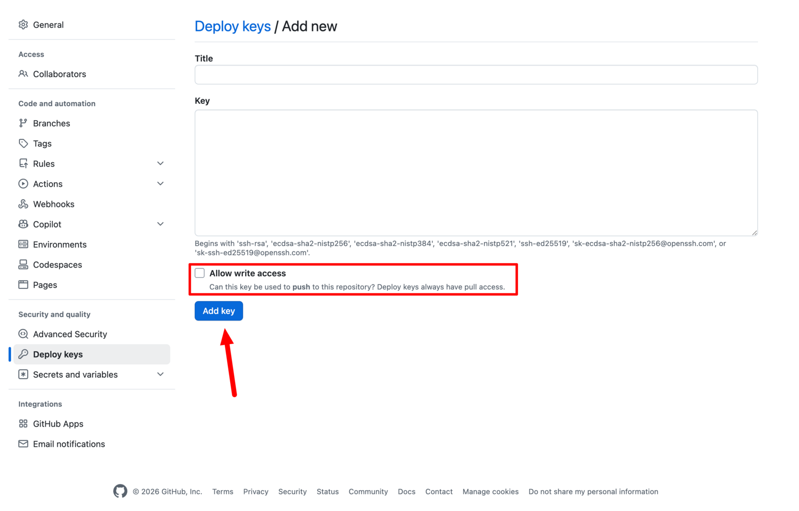 GitHub repository Settings, Deploy keys screen with the InstaWP generated public key pasted into the Key field