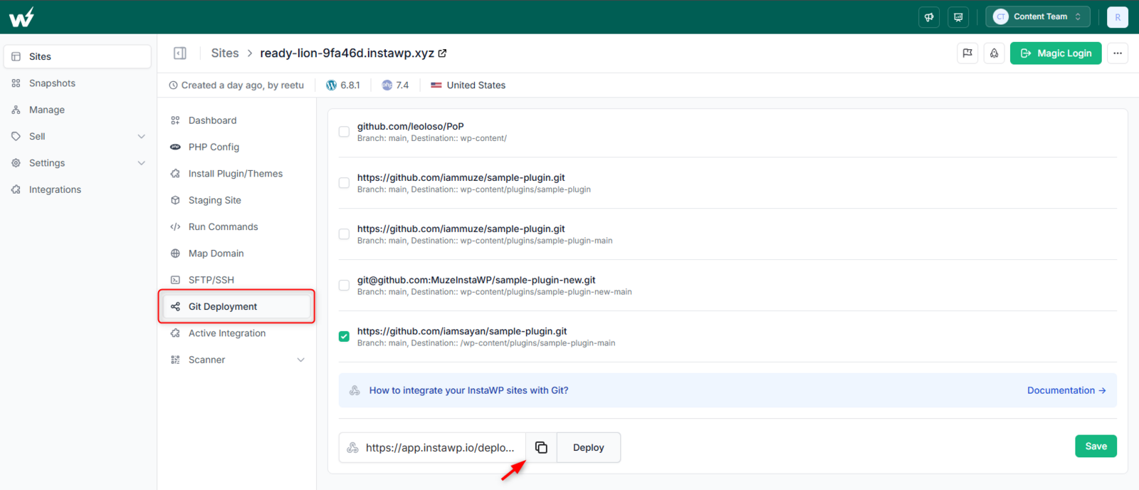 The Git Deployment panel inside an InstaWP site dashboard, with the repository selected and the copy icon for the webhook URL