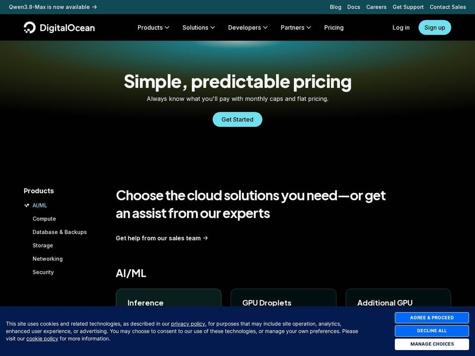 DigitalOcean pricing page headlined Simple, predictable pricing, showing monthly caps and flat pricing for startup cloud hosting