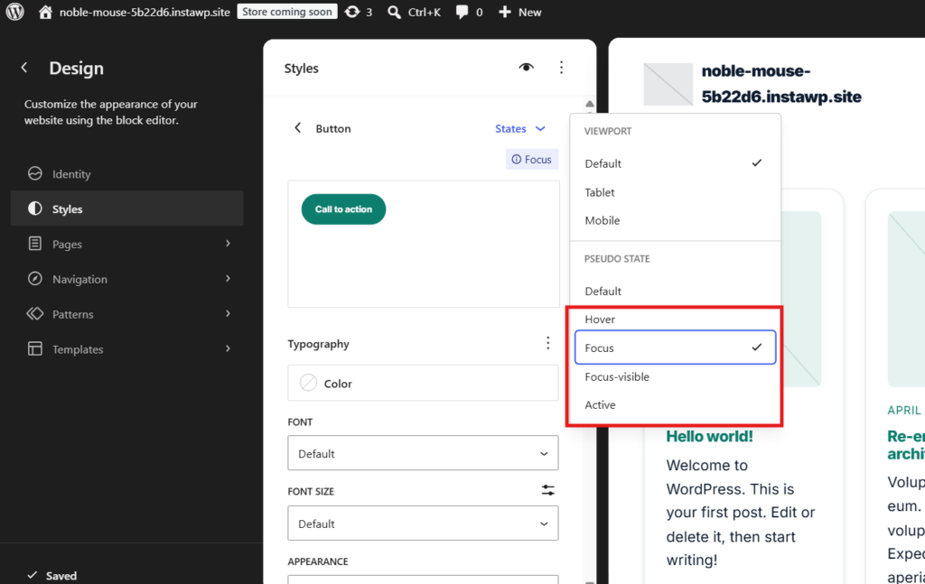 WordPress 7.1 Site Editor Styles panel with the Button block States dropdown open, showing the Viewport group with Default, Tablet and Mobile above the Pseudo State options Hover, Focus, Focus-visible and Active