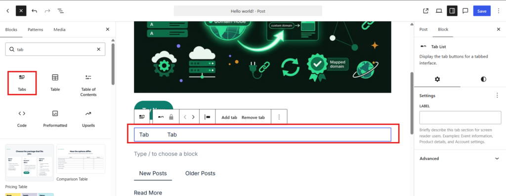 The new Tabs block inserted in the WordPress 7.1 editor, with Tabs highlighted in the block inserter and the Tab List toolbar showing Add tab and Remove tab controls plus a Label field for screen readers