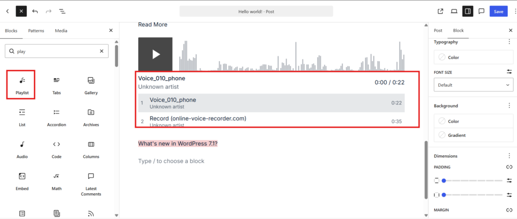 The new Playlist block in the WordPress 7.1 editor showing the optional waveform view for the current track above a numbered two-track list with durations, with Playlist highlighted in the block inserter